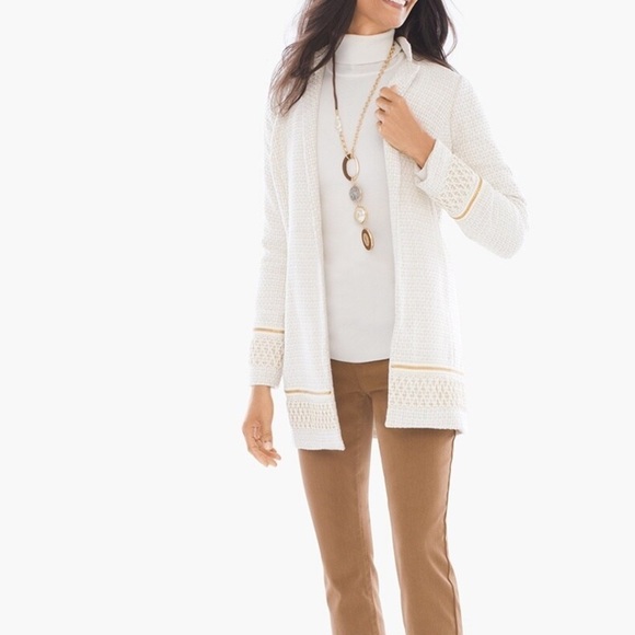 Chico’s Ivory Gold Metallic Embellished Trim Textured Open Jacket - Picture 2 of 14